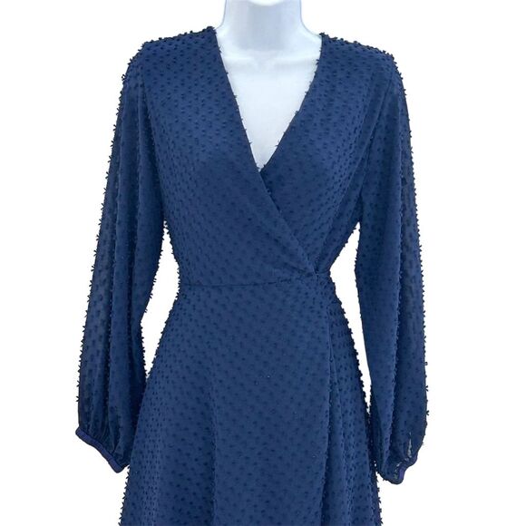 Maison de papillon Women's M Navy Blue Swiss Dot Hi-Low Dress Long Sleeve V-Neck - Picture 6 of 7